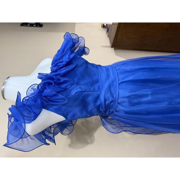 70s 80s Elegant Royal Blue One-Shoulder Ruffled Evening Dress Fancy Frocks - Picture 8 of 12